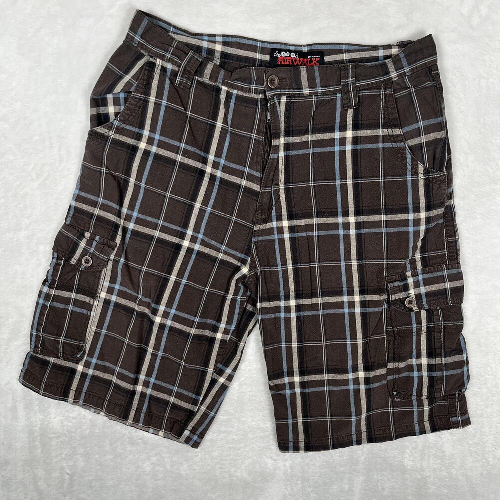 Airwalk Cargo Shorts Mens 34 Brown Plaid 1o Inseam Utility Pockets Skate Y2K